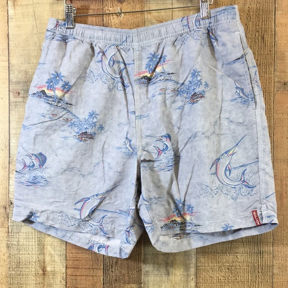 Tommy Bahama Relax Board Shorts Mens Medium Blue‎ Yellow Marlin Beach Print Swim - Picture 1 of 12